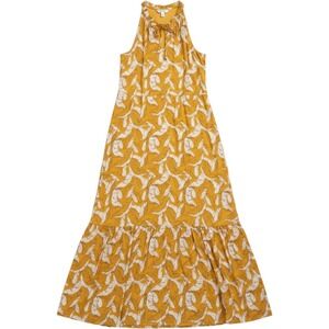 Women's Mustard Tropical Leaf Maxi Dress Boho Resort Beach Cottagecore Large